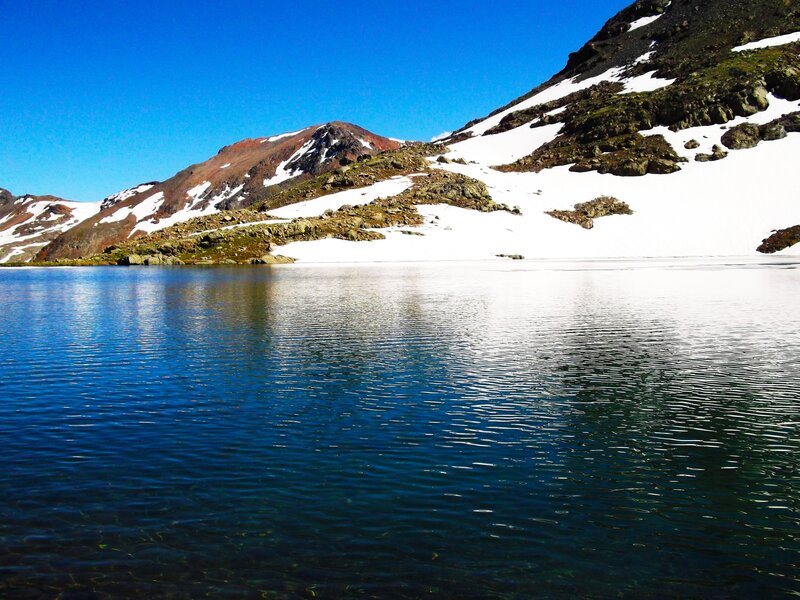 Mountain Lake with Snow — Blue, Serene, Afternoon, Photograph, Mountains, Sky