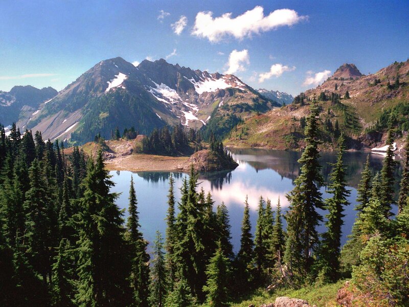Mountain Lake with Snow — Blue, Serene, Afternoon, Photograph, Mountains, Trees