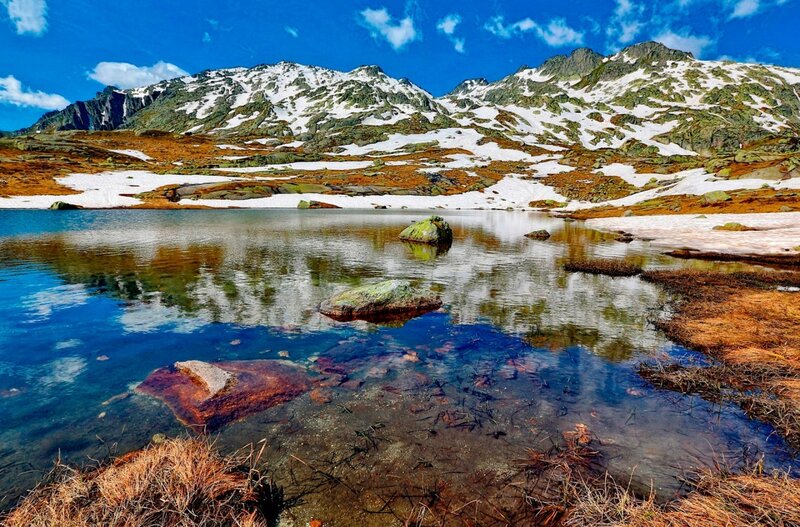 Mountain Lake with Snow — Blue, Serene, Spring