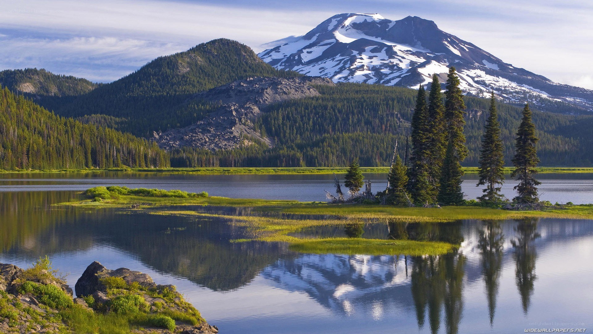 Mountain lake with snow-capped peak