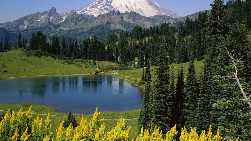 Mountain lake with snow-capped peak