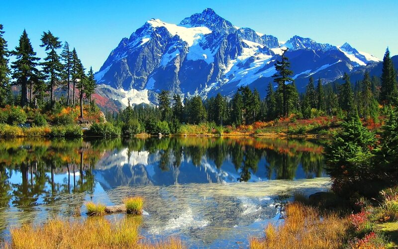 Mountain lake with snow-capped peak