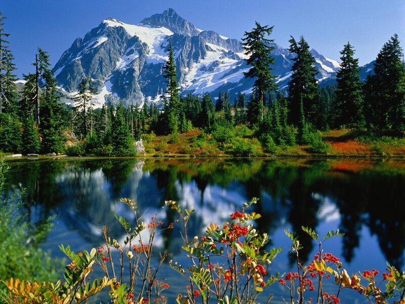 Mountain lake with snow-capped peak