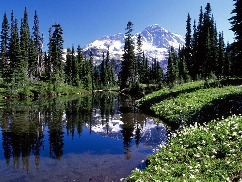 Mountain lake with snow-capped peak
