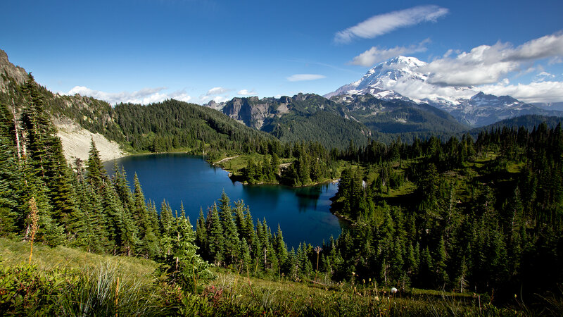 Mountain Lake with Snow-capped Peak — Blue