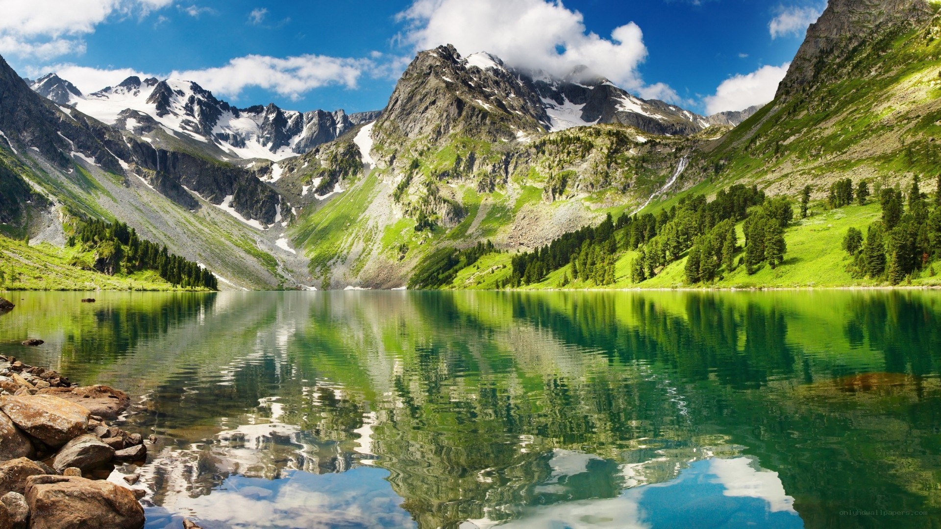 Mountain lake with snow-capped peaks