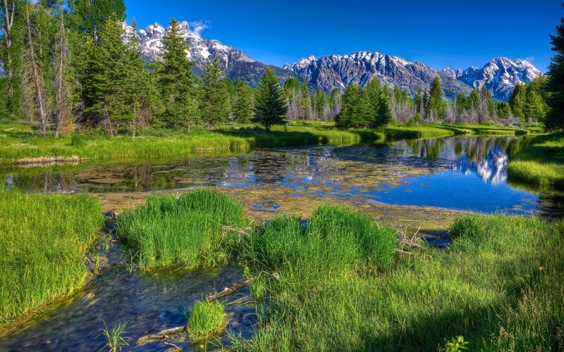 Mountain lake with snow-capped peaks