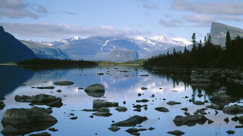 Mountain lake with snow-capped peaks