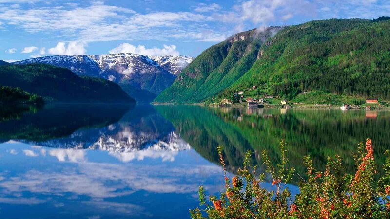 Mountain lake with snow-capped peaks