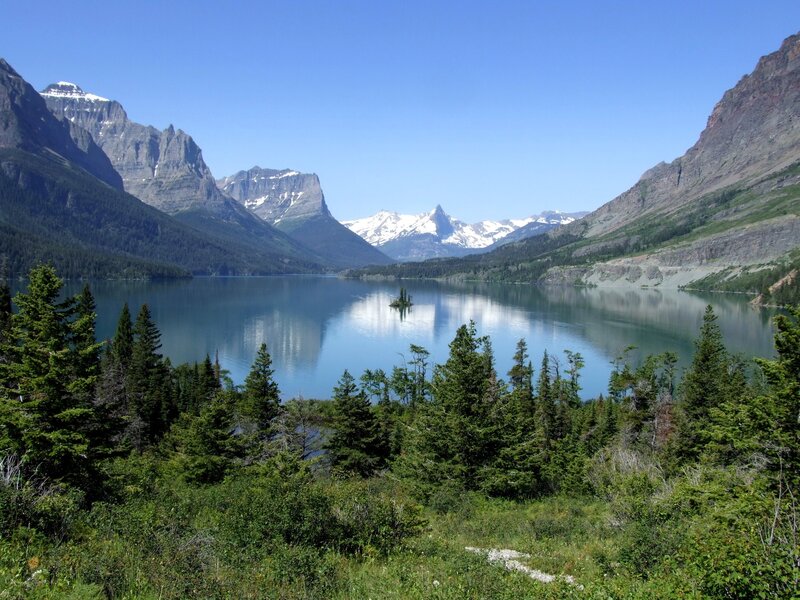 Mountain lake with snow-capped peaks
