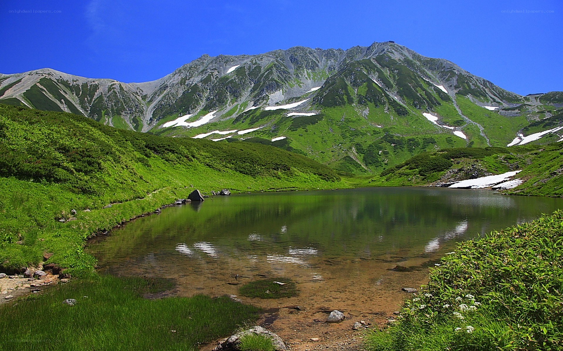 Mountain lake with snow-capped peaks