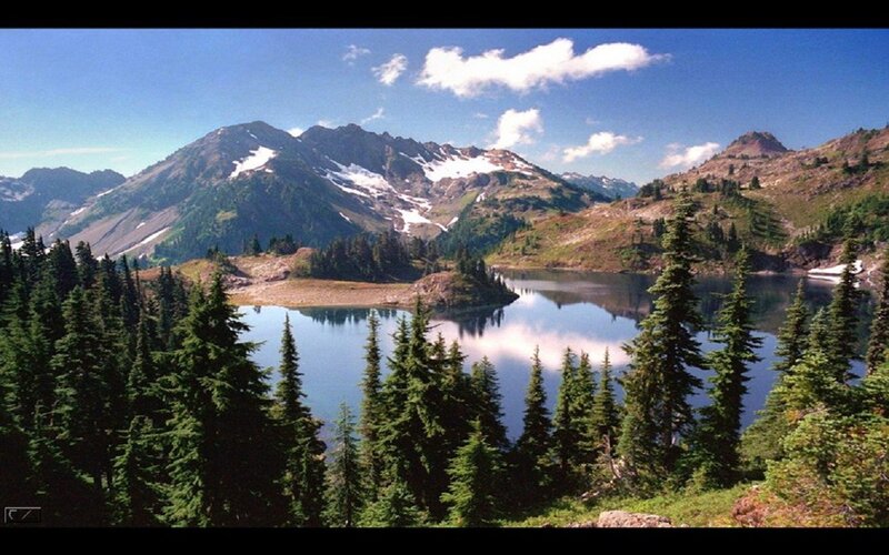 mountain lake with snow-capped peaks