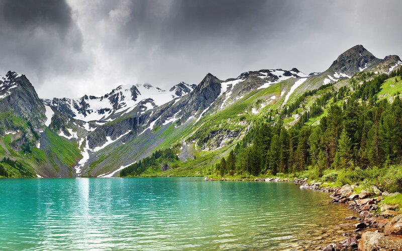 Mountain lake with snow-capped peaks