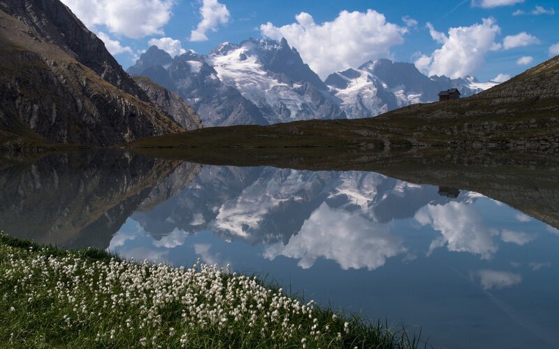 Mountain lake with snow-capped peaks