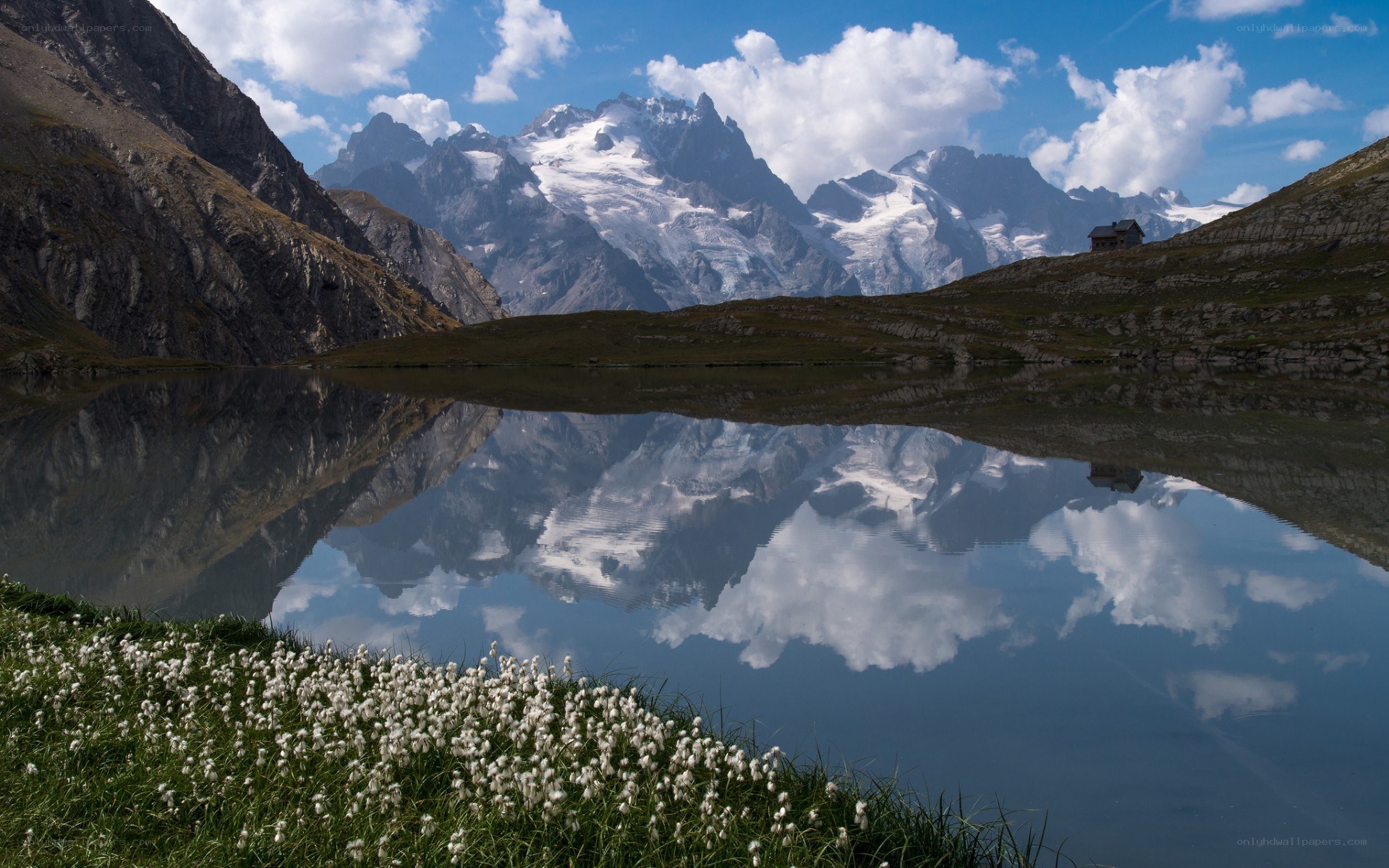 Mountain lake with snow-capped peaks