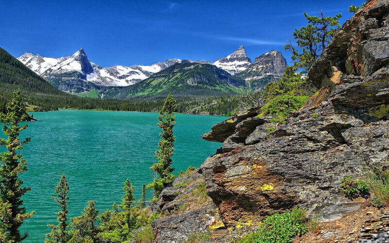 Mountain lake with snow-capped peaks