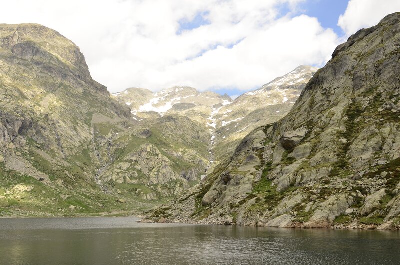 mountain lake with snow-capped peaks