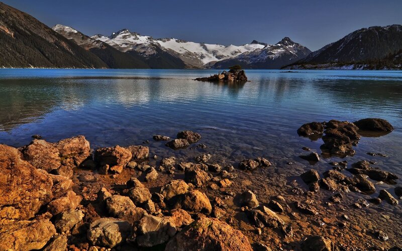 Mountain lake with snow-capped peaks
