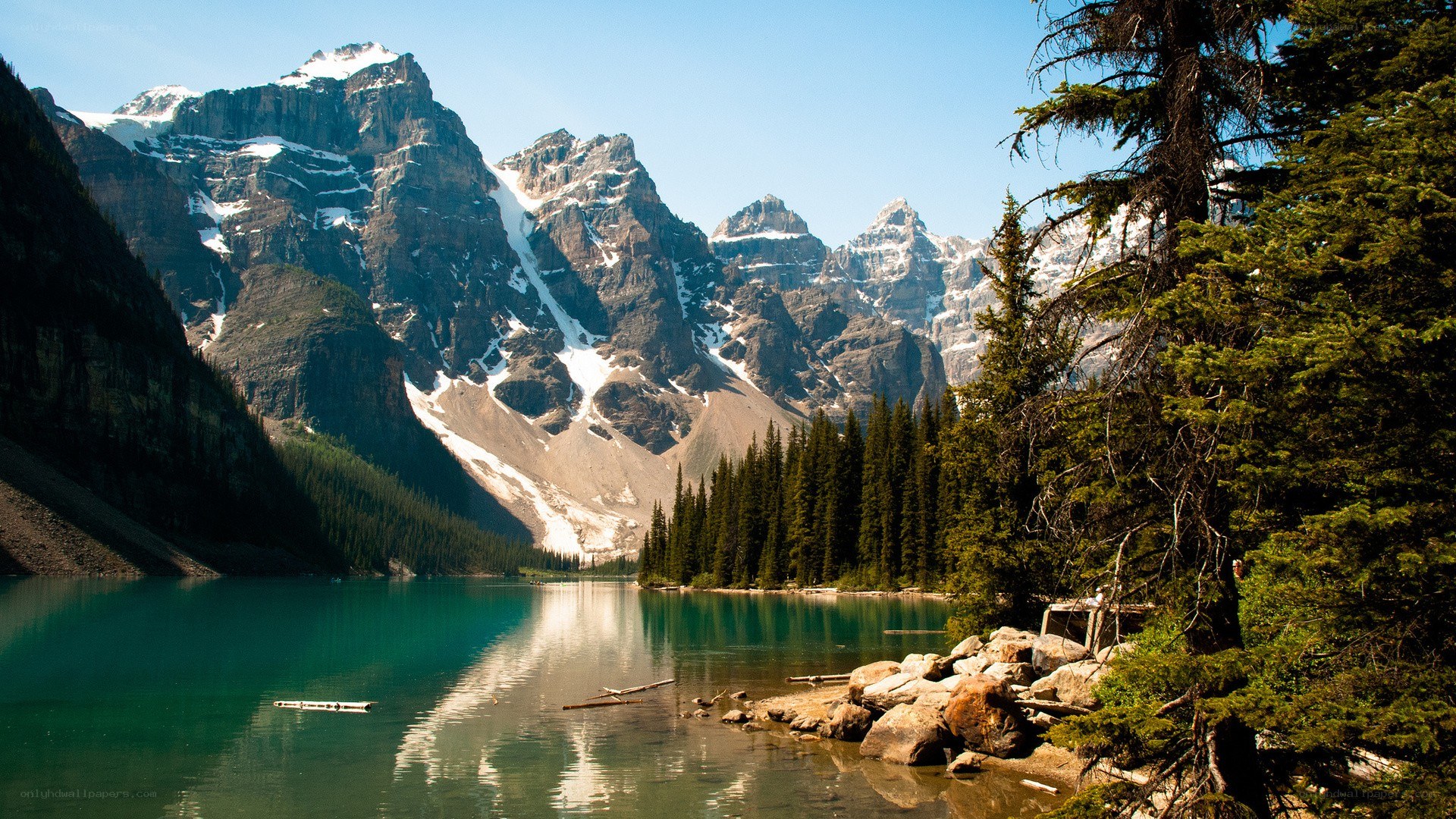 mountain lake with snow-capped peaks