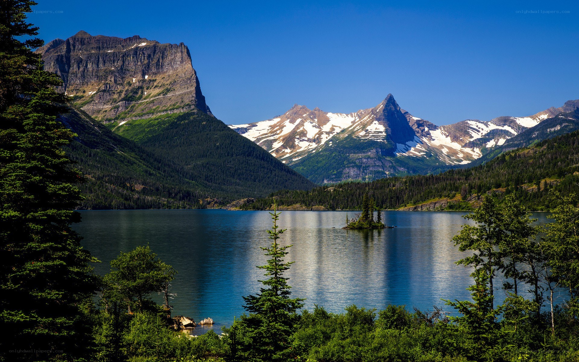 Mountain lake with snow-capped peaks