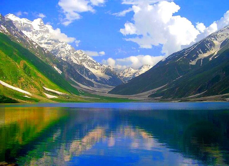 Mountain lake with snow-capped peaks