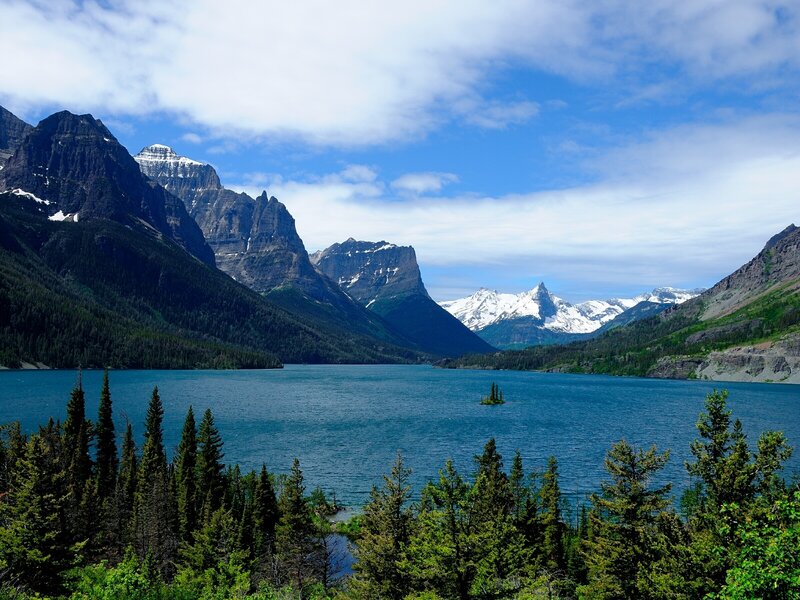 Mountain lake with snow-capped peaks