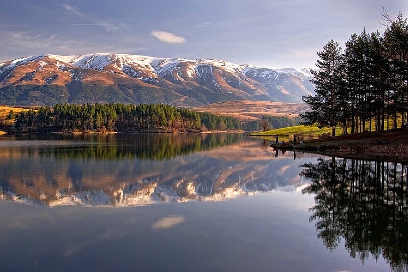 Mountain lake with snow-capped peaks