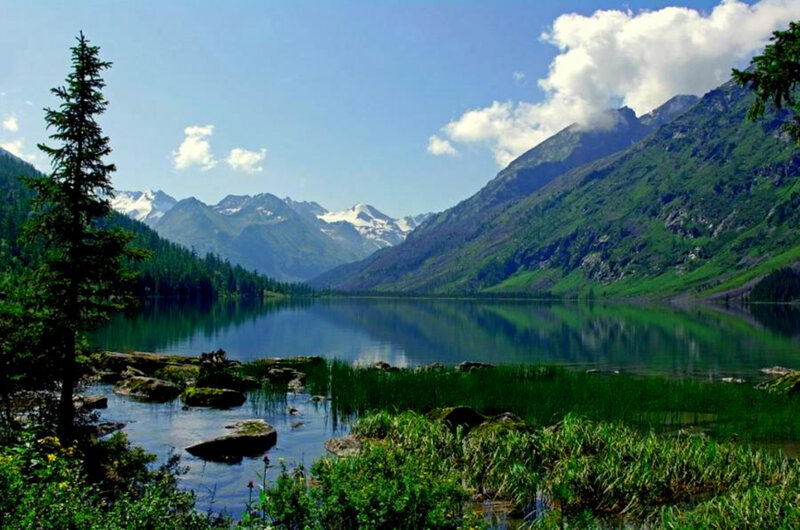 Mountain lake with snow-capped peaks