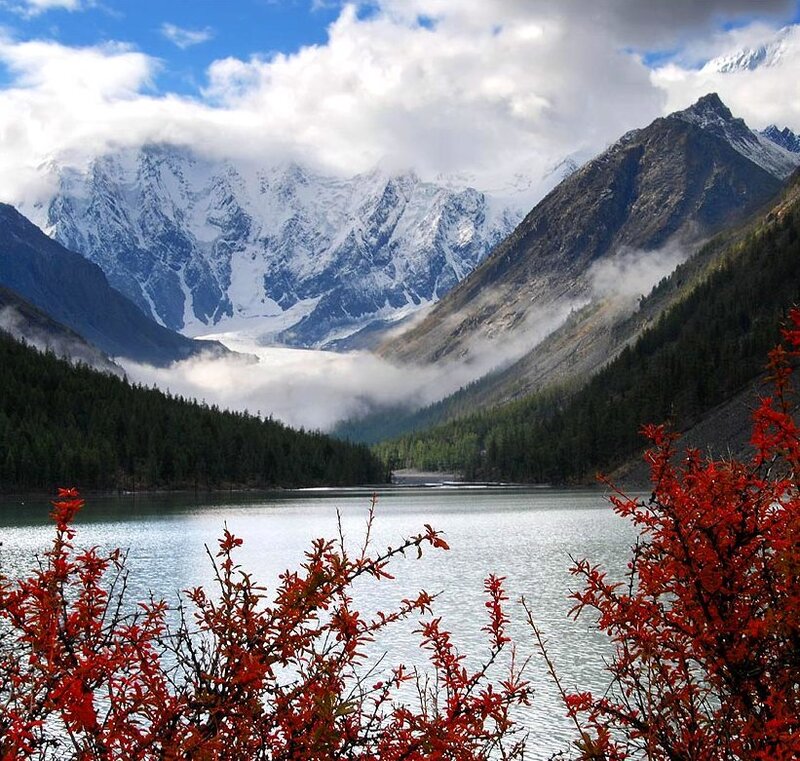 Mountain lake with snow-capped peaks