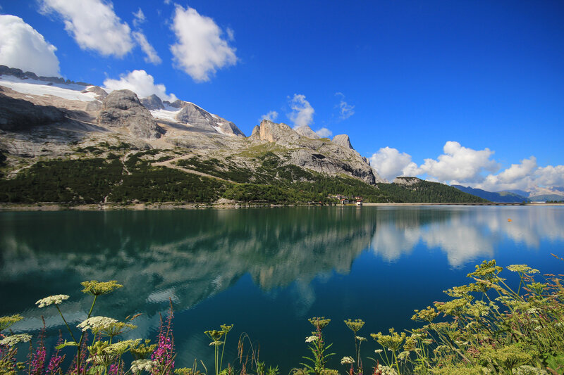 Mountain lake with snow-capped peaks