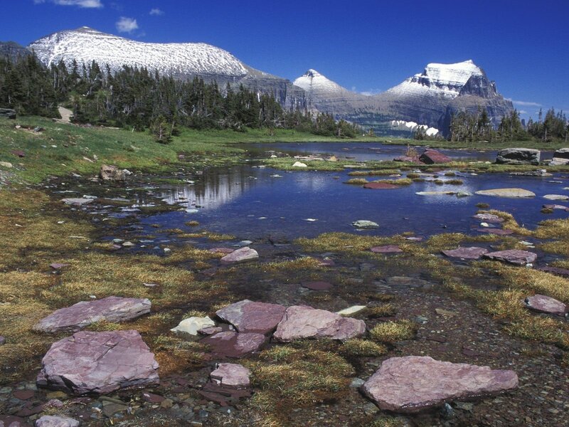 mountain lake with snow-capped peaks
