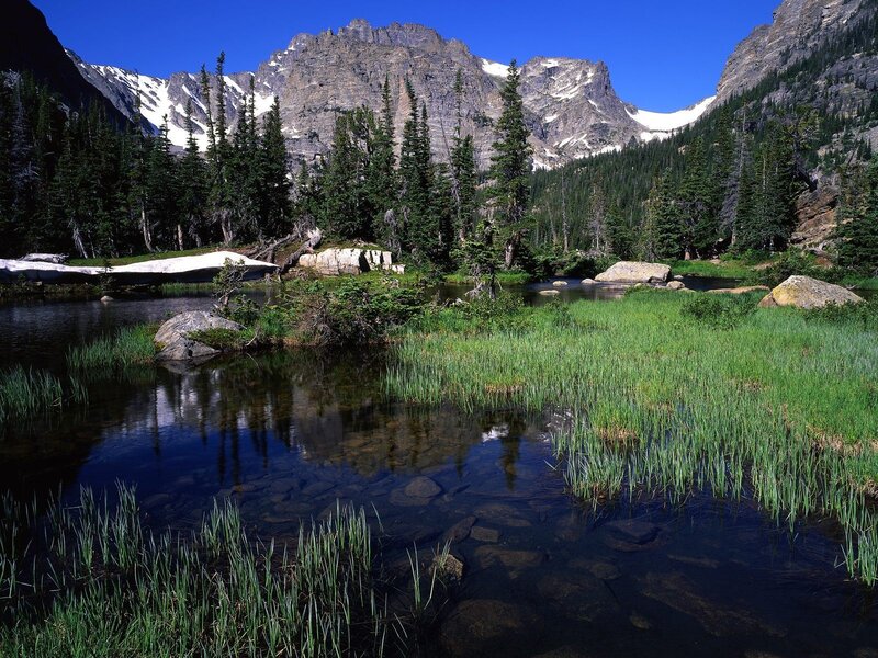 Mountain lake with snow-capped peaks