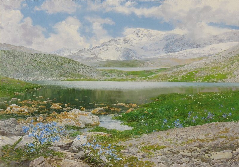 Mountain lake with snow-capped peaks