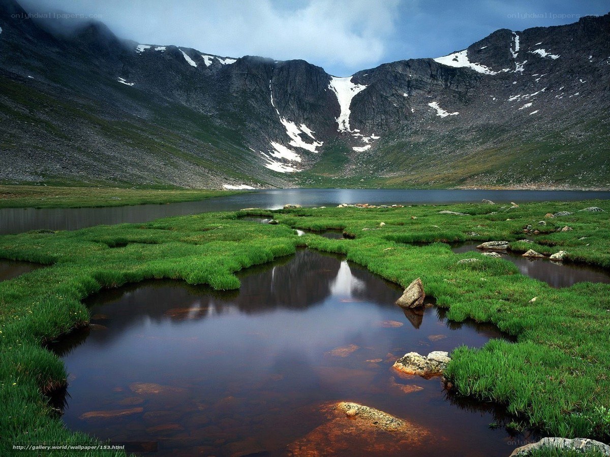Mountain lake with snow-capped peaks