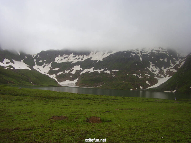 Mountain Lake with Snow — Green, Serene, Photograph