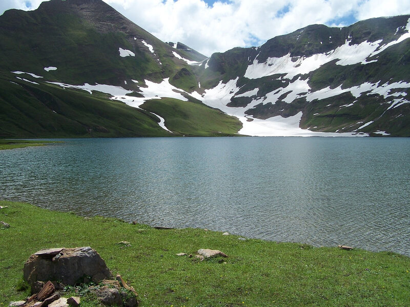 Mountain Lake with Snow — Green, Serene, Summer, Photograph, Grass