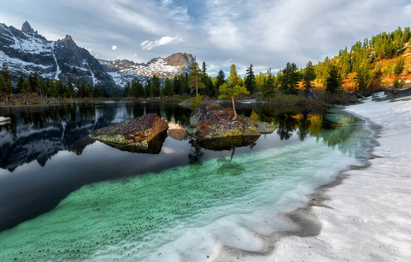 Mountain Lake with Snow — Green, Serene, Winter