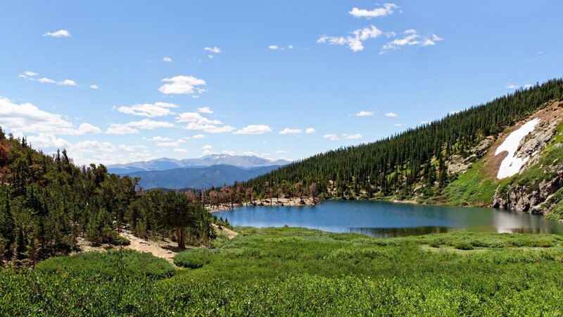 Mountain lake with snow patch