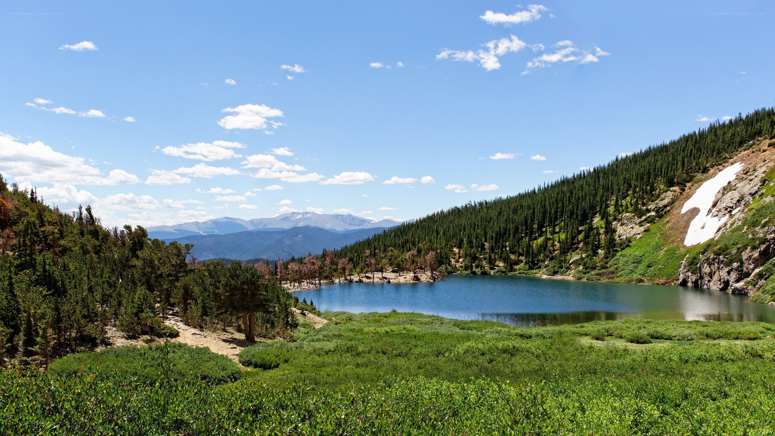 Mountain lake with snow patch