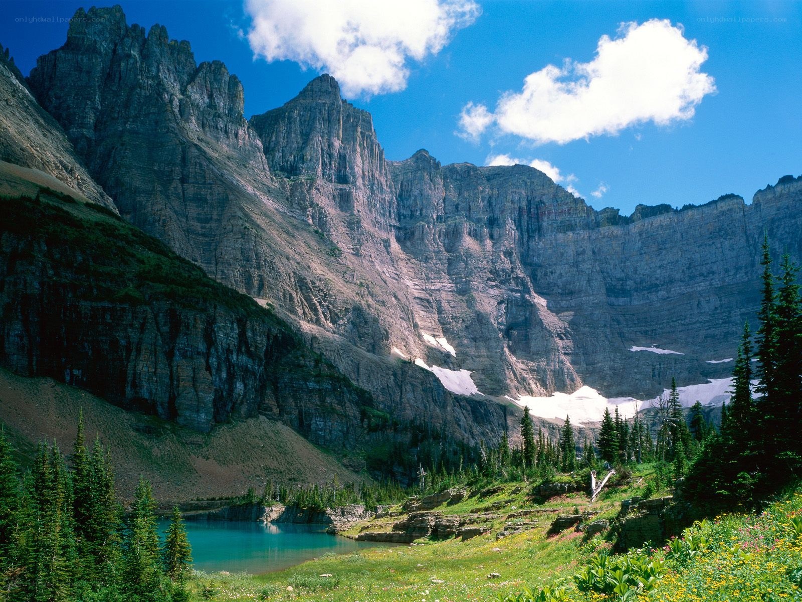 Mountain lake with snow patches