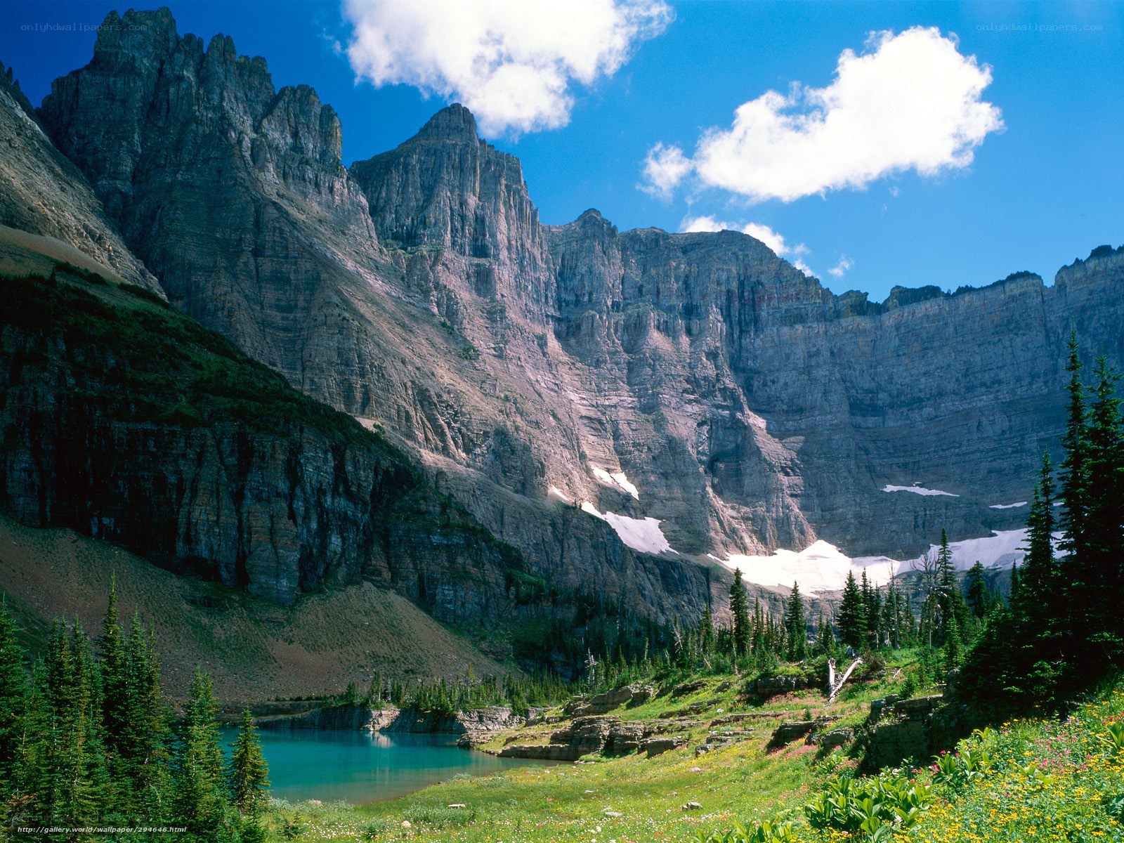 Mountain lake with snow patches