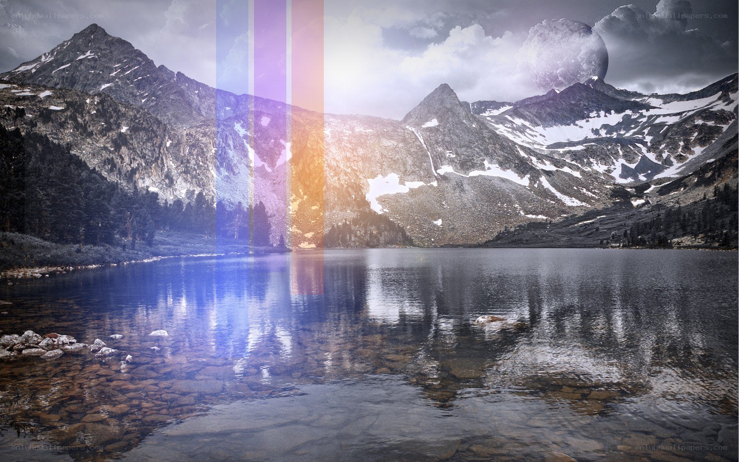 mountain lake with spectral light