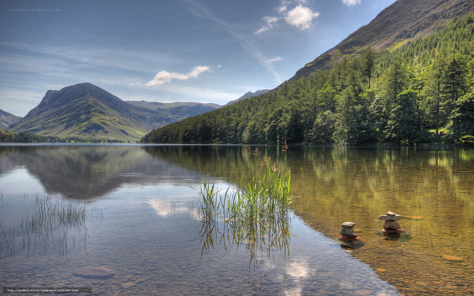 Mountain lake with stone stacks