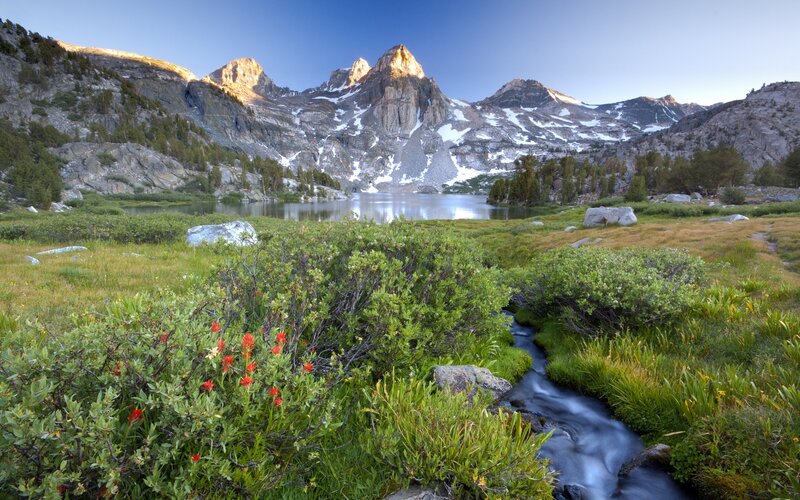 Mountain Lake with Stream — Green, Serene, Morning, Photograph