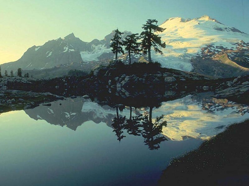 Mountain lake with tree reflection
