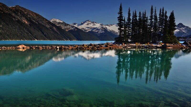 Mountain Lake with Trees — Blue, Serene, Afternoon, Photograph, Mountains, Reflection, Green