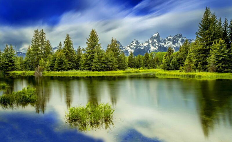Mountain Lake with Trees — Blue, Serene, Afternoon, Photograph, Mountains, Sky, Grass