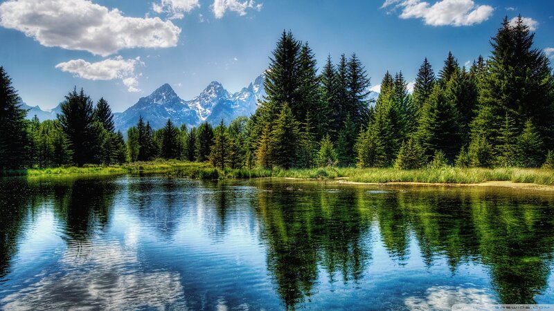 Mountain Lake with Trees — Blue, Serene, Afternoon, Photograph, Mountains, Sky, Reflection