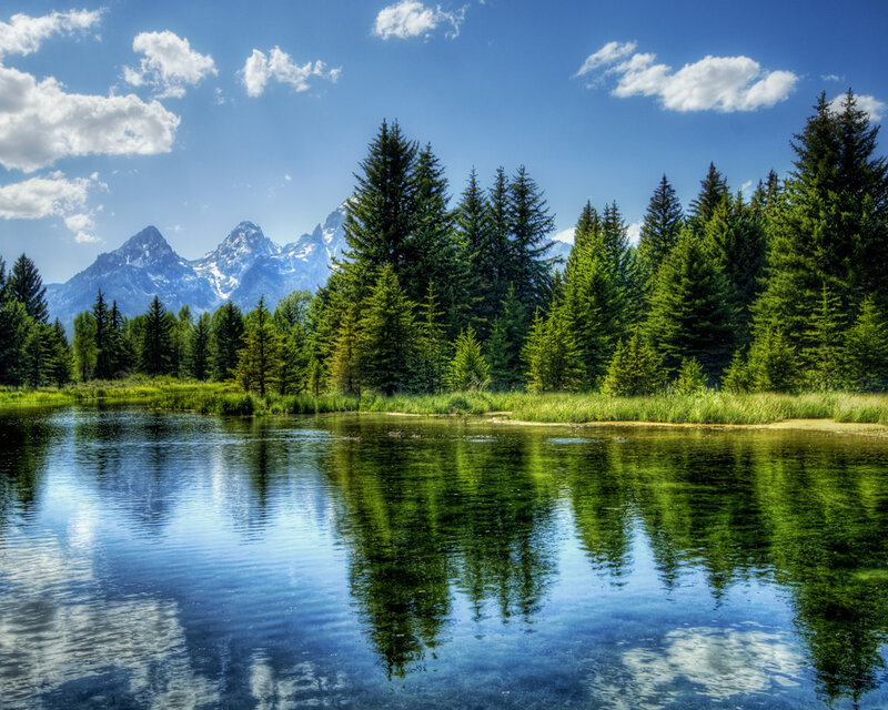 Mountain Lake with Trees — Blue, Serene, Afternoon, Photograph, Mountains, Sky