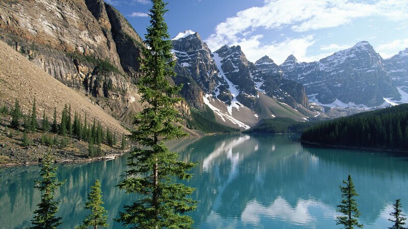 Mountain Lake with Trees — Blue, Serene, Afternoon, Photograph, Mountains, Snow